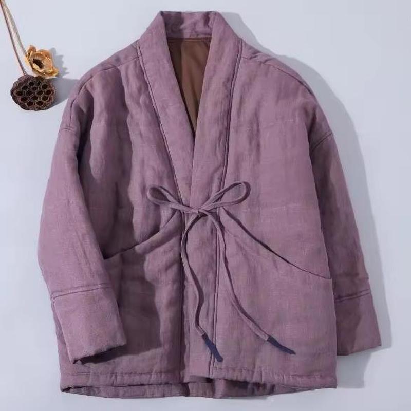 Retro V Neck Tied Padded Coat Fashionable Women's Parka Winter Buddhist Style Loose Overcoat