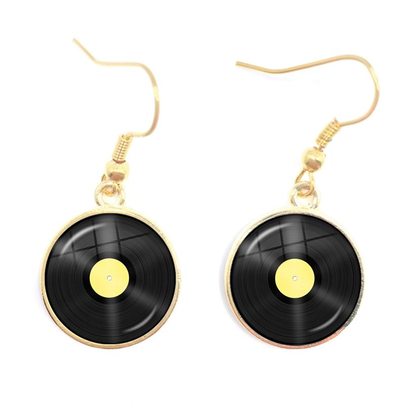 Retro CD Record Drop Earring Disc Classic Music Gramophone Record Glass Cabochon Earrings Gift for Music Loves