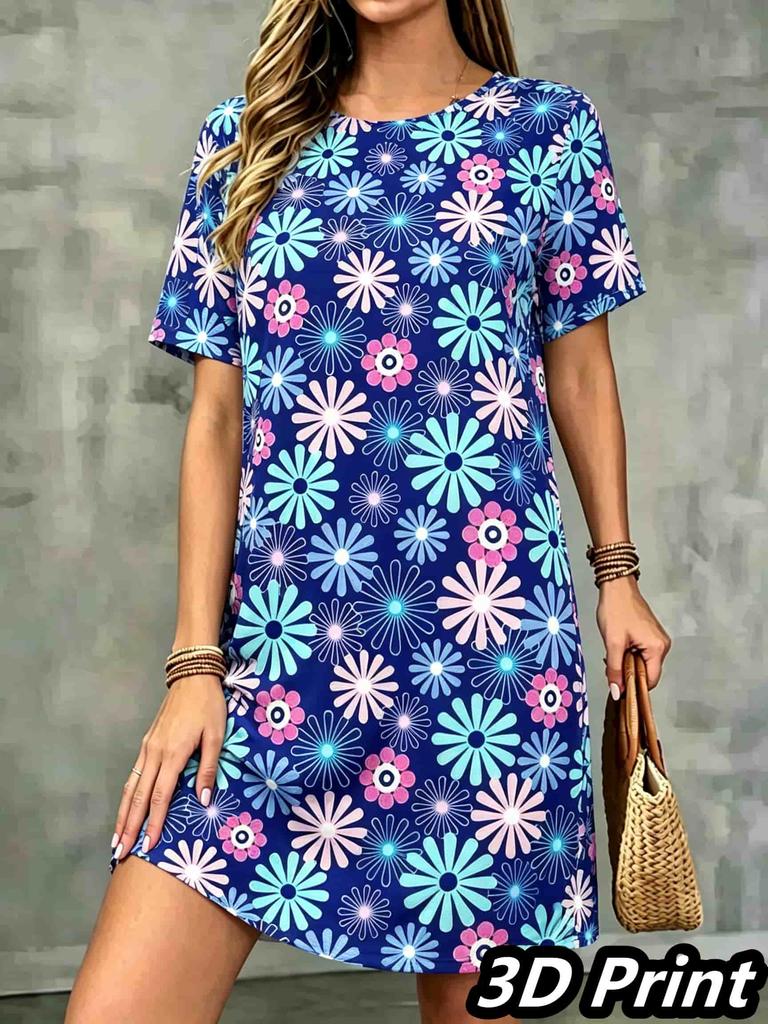 Fashion 3D Print Summer Dress Loose Casual Short Sleeve O-Neck Mini Dress