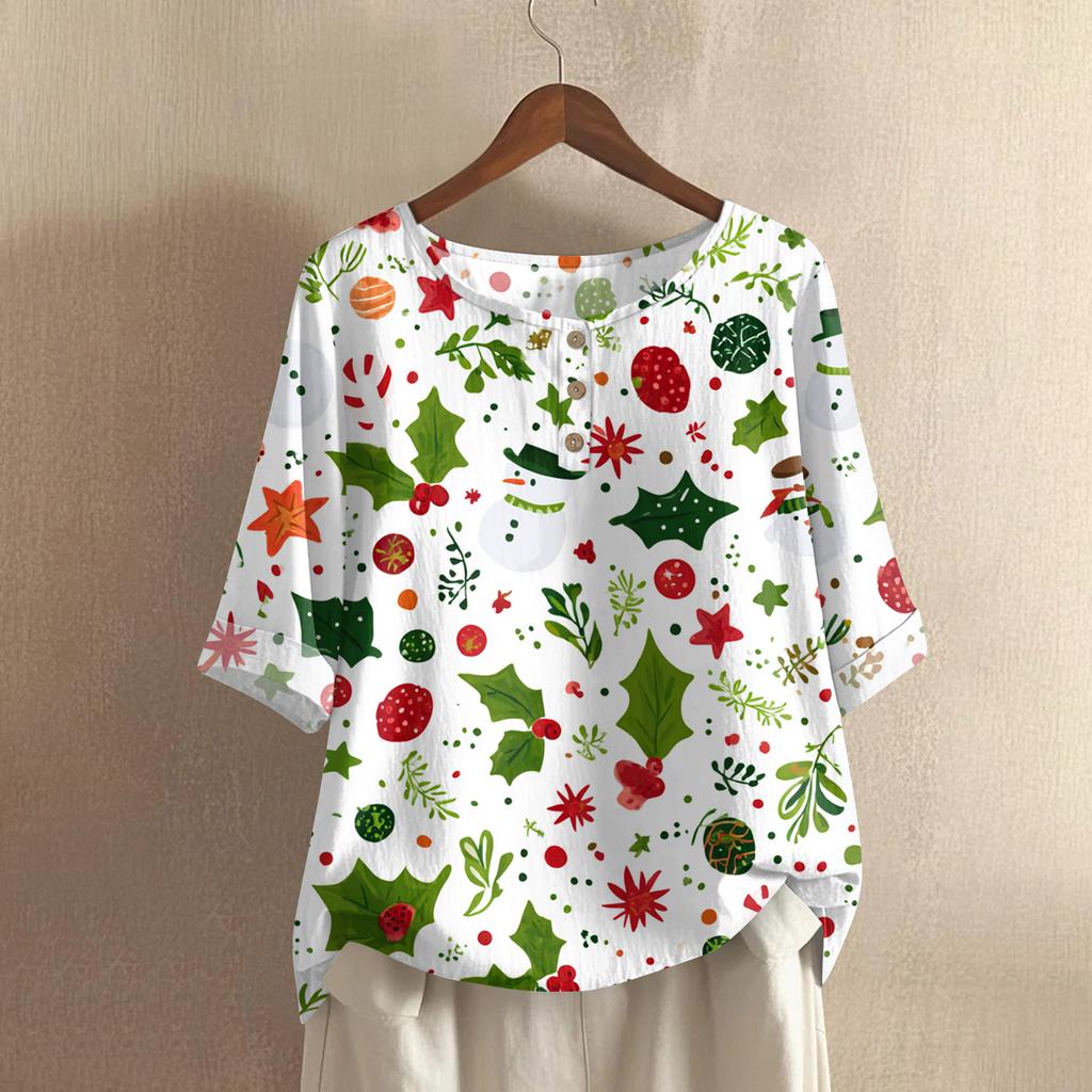 Women's Fashionable And Casual Shirt Half-sleeve Round Neck Print Cotton And Linen Blouse Top