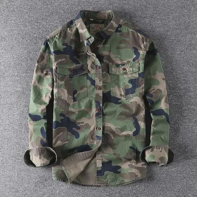 Men's Camouflage Long-Sleeve Military Workwear Shirt with Double Pockets