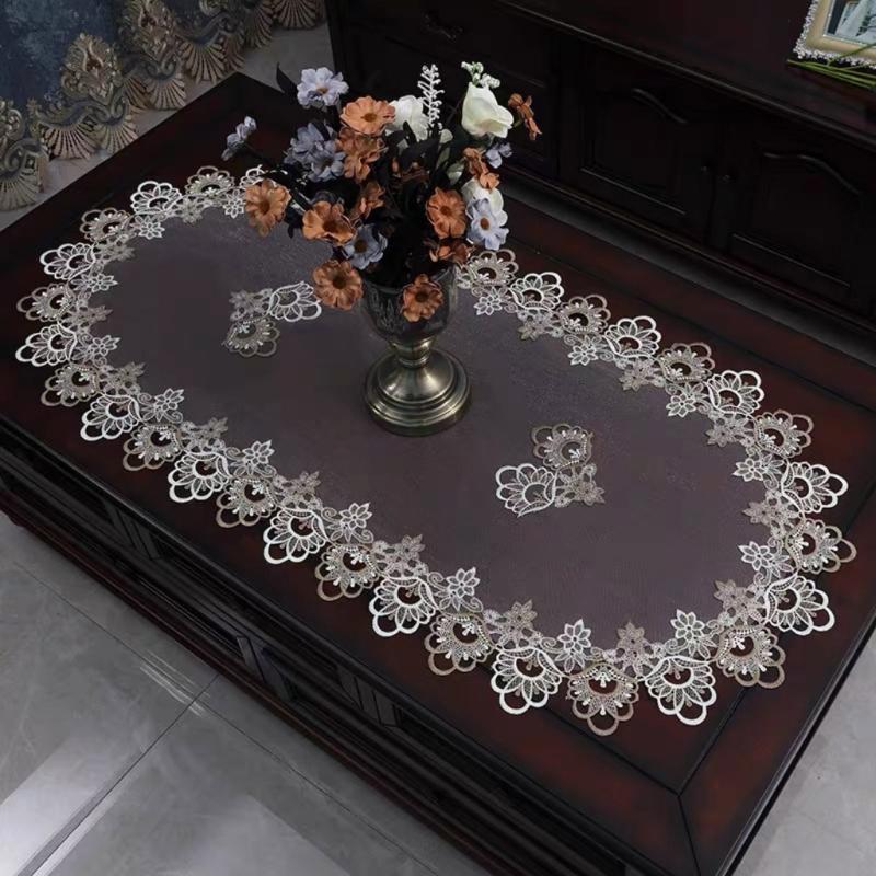 Stylish Coffee Table Cover Polyester Fabric Decorative Tablecloth Embroidery Flower Lace Doily For Dining Office Use