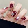 Red French Tip Press On Nails 30 PCS with Flower Prints Full Cover Fake Nails For Students and Office Use Easy Removable Nail Set