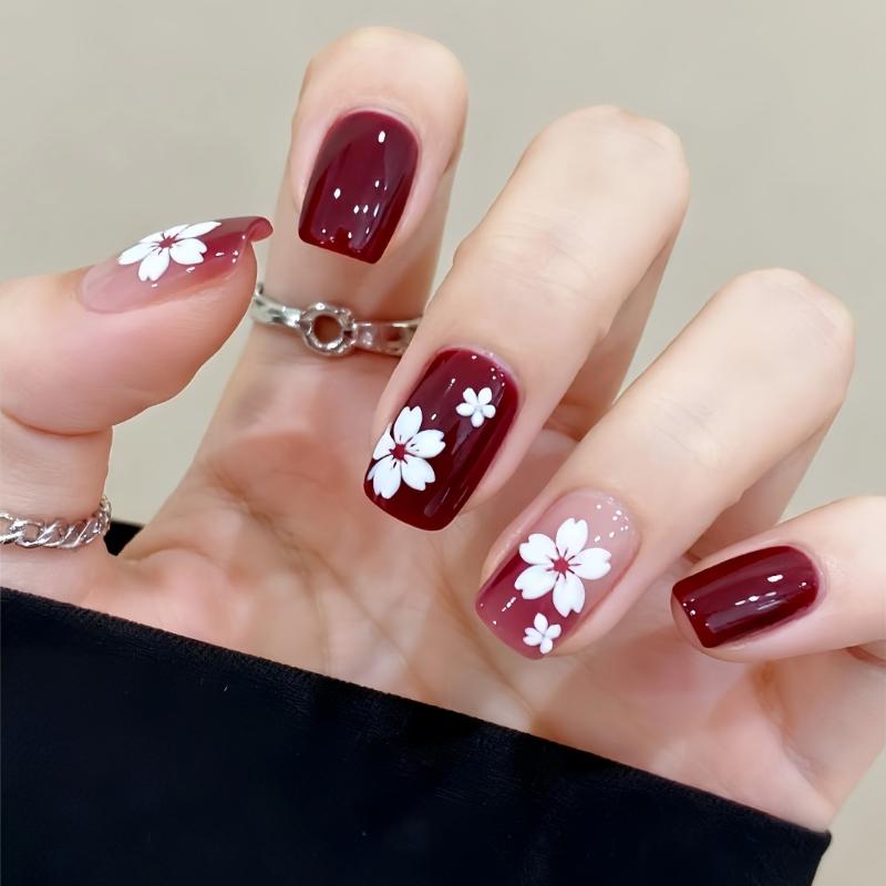 Red French Tip Press On Nails 30 PCS with Flower Prints Full Cover Fake Nails For Students and Office Use Easy Removable Nail Set