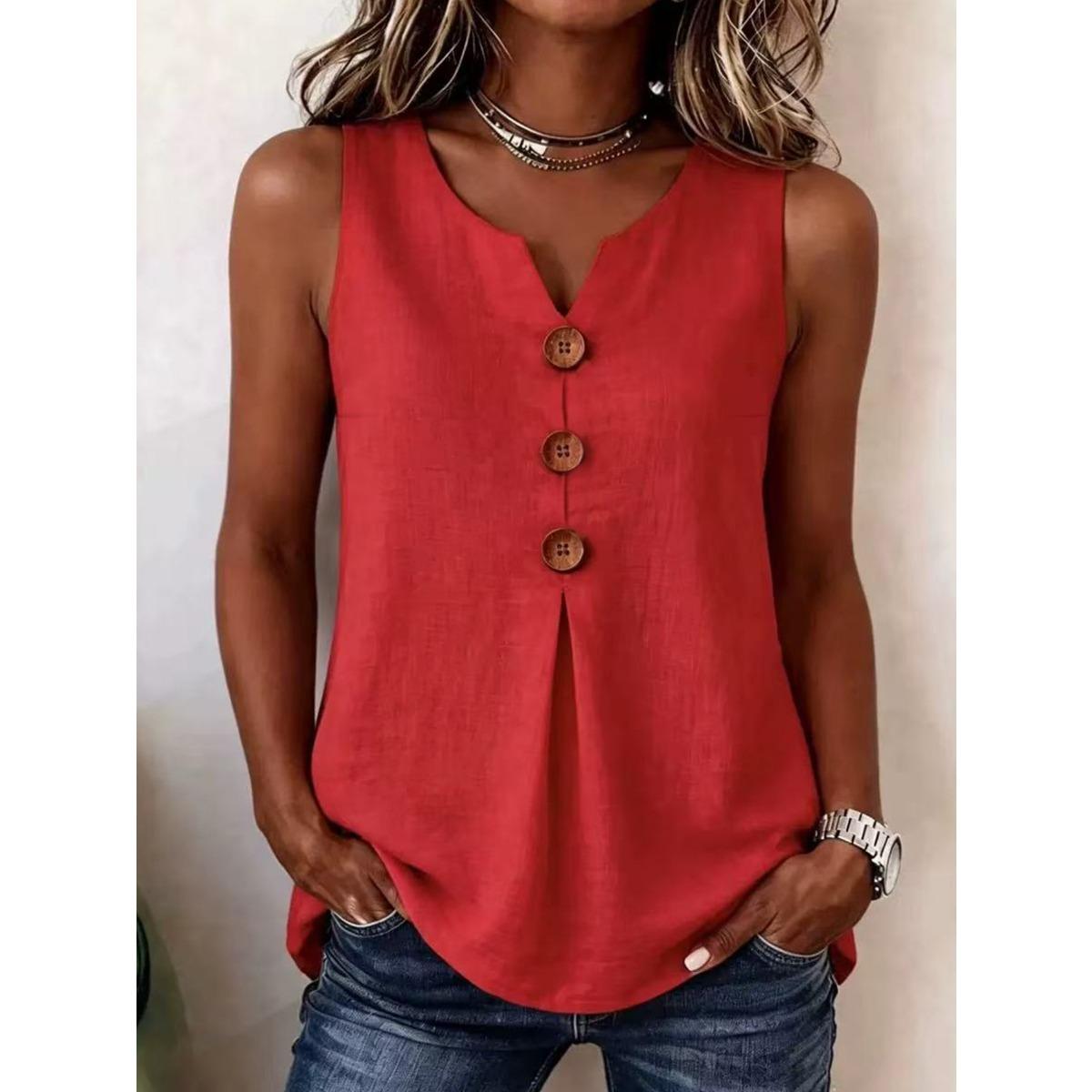 Women s V Neck Sleeveless Linen Blend Tank Top with Button Detail Casual Summer Blouse S красный