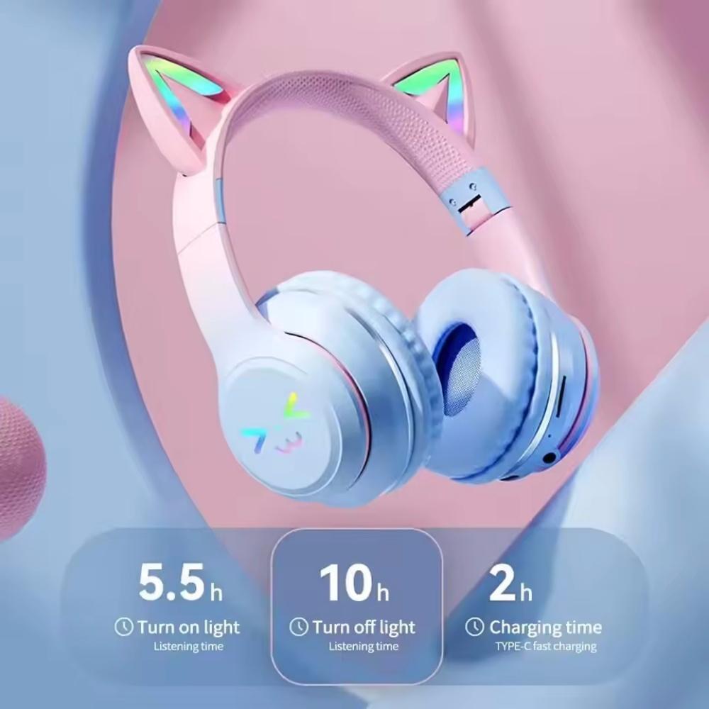 Cuffie wireless sfumate RGB auricolari Bluetooth con orecchie di gatto carine con microfono, auricolari stereo per musica e giochi, regali per bambini