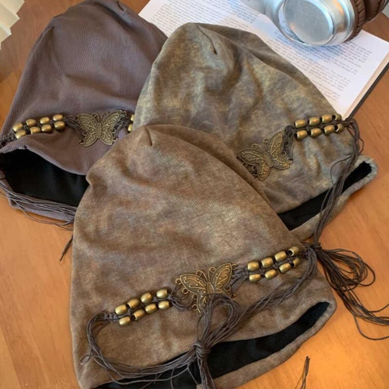 Women'S Cute Hat Sweet Cool Style Hat Tie Dyed Tassel Beaded Butterfly Decor Design Beanie Retro Loose Hat