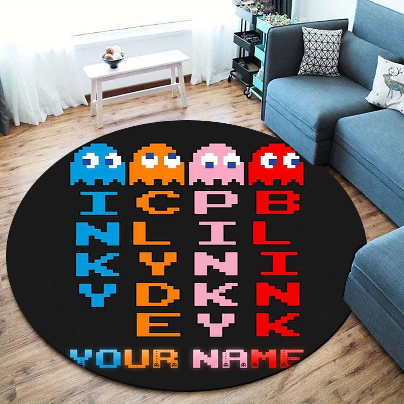 Pac-Man Custom Name Round Area Rug,Carpet Rug for Living Room Bedroom Sofa Playroom Decor,Non-slip Floor Mat
