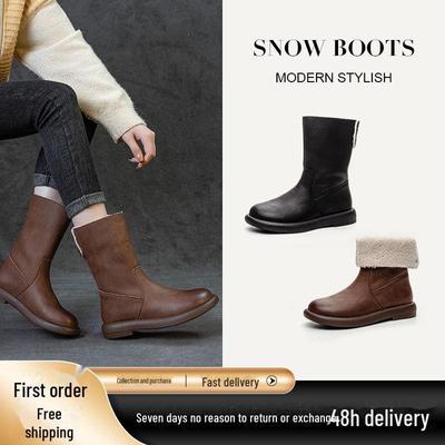 Women's Korean Style Genuine Leather Snow Boots with Velvet Lining - Retro, Two-Wear, Casual Black.