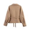 Womens Oversized Solid Color Cotton Blazer With Notched Lapel 3D Pockets Waist Belt Detail