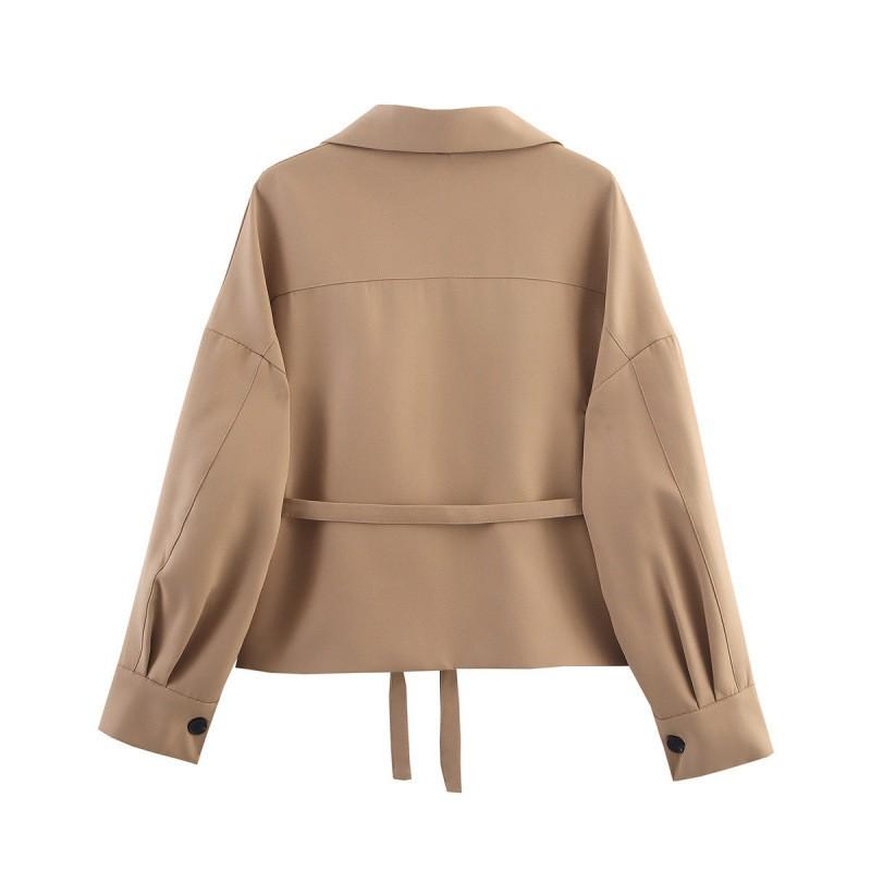 Womens Oversized Solid Color Cotton Blazer With Notched Lapel 3D Pockets Waist Belt Detail