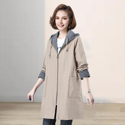Spring Fall Women Jacket Hooded Long Sleeves Drawstring Plus Size Pockets Zipper Closure Windbreaker Mid Length