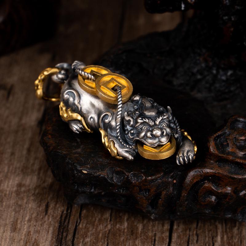 Gold-Plated S925 Sterling Silver Pixiu Pendant with Antiqued Guochao Design for Men and Women