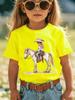Girls Watercolor Cowgirl Riding Horse Print Short Sleeve T Shirt Western Style Cowgirl Graphic Toddler Kids Casual Summer Tee To