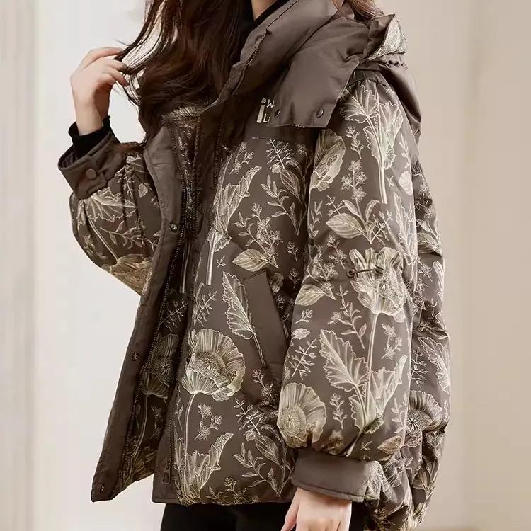 WTEMPO Große Daunenjacken mit Reißverschluss für den Winter, kurze, bedruckte, wattierte Kapuzenjacken für Damen, lässig, lockere, dicke Mäntel mit Taschen