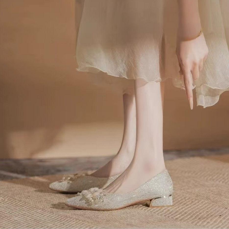 French high-end bridal shoes women's single shoes 2025 spring and summer new fashion versatile not tired feet thick heel single shoes women