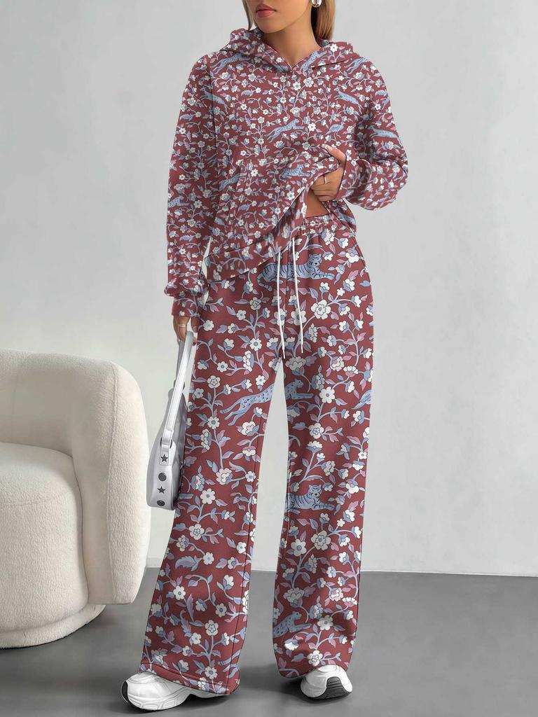 Broken Flowers European And American Autumn And Winter Casual Long-Sleeved Suit Women'S Hooded Sweater Trousers Two-Piece Set