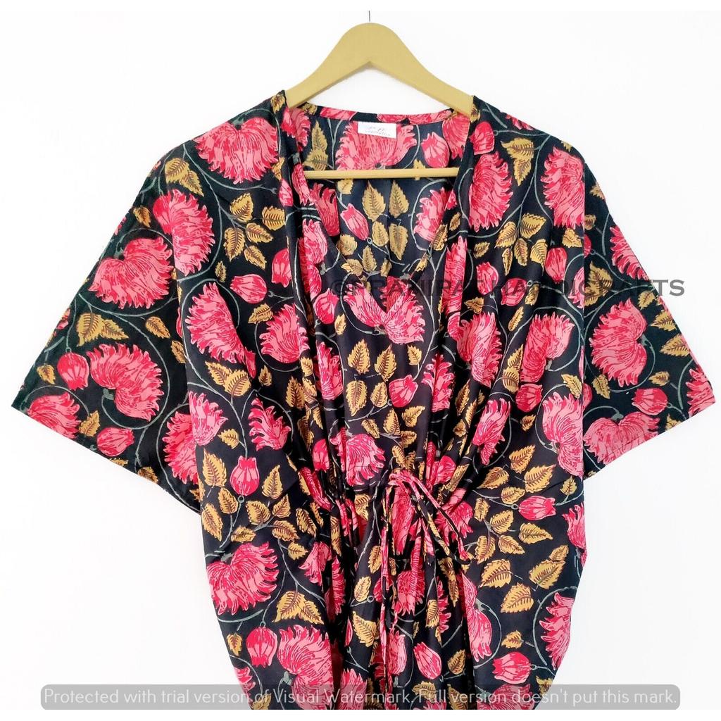 Women Hippie Summer Cotton Sleepwear Floral Print Black Long Maxi Caftan Dress CKFTN-SCRN-FULL-BUYIT-141