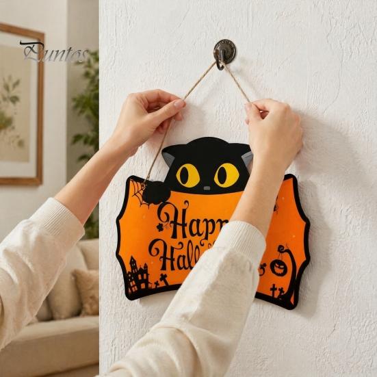 Halloween Yard Hanging Signs Wooden Door Plaque, Printed Black Cat Pumpkin Castle Spider Web Front Creative Gifts Sign, Waterproof Ornament for Indoor