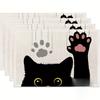 Cute Peeking Black Cat Pink Paw Print Linen Background Rectangular Placemats Set Cartoon Pet Animal Dining Table Decor Mats