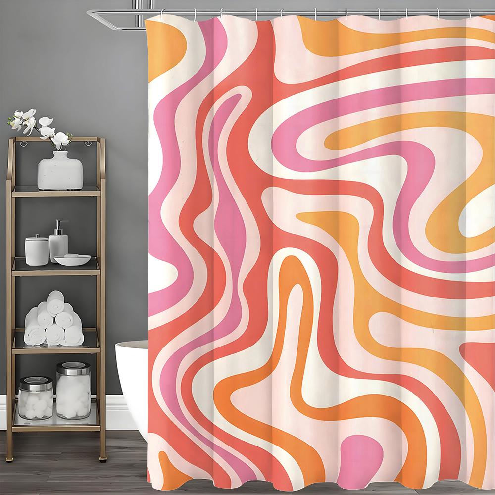 Retro Aesthetic 70's Swirl Abstract Shower Curtain, 80's 70's 60's Retro Cute Boho Orange Beige Bathroom Decorative Shower Curta