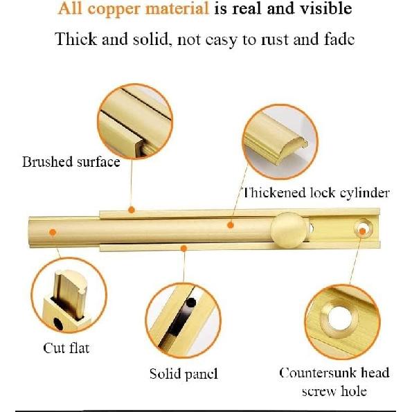 Sliding Lockfor Portable Door Lock, Brushed Finish Sliding Bolt Lock, Solid Cast Brass Barrel Bolt for Cabinets, Fences, Slide Door Lock ?with 6