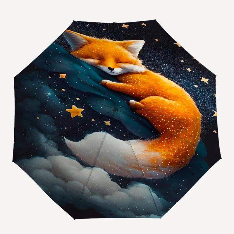 1pc Sleeping Fox In Starry Sky Umbrella with Plastic Handle,Vibrant Cartoon Pattern,Multi-functional UmbrellaPT225