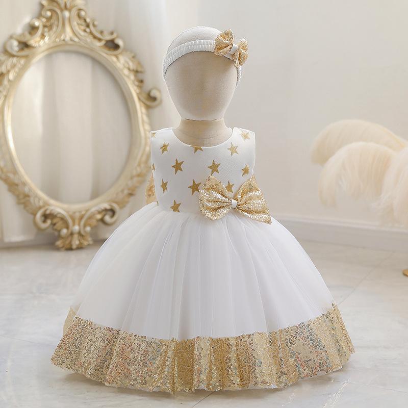 12M-6 Years Kids Girl Toddler Baby Sleeveless Stars Sequins Bow Knot Skirt Princess Dresses Summer Spring Autumn Children Tutu Christmas Ball Gown