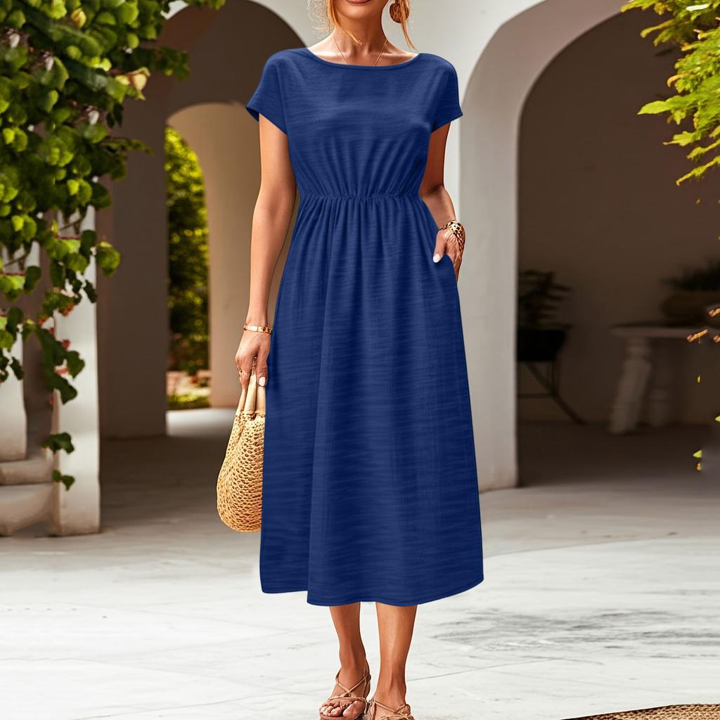 Women Short Sleeve Crew Neck Pocket Waist Cinched Loose Fit Casual Midi Dress for Everyday Wear Work Vacation