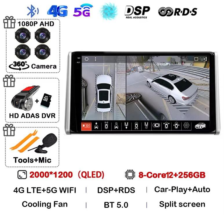 Android 14 Carplay Auto For Toyota RAV4 XA50 2018 2019 2020 Car Radio GPS Multimedia Player Stereo 4G WIFI 360 Camera Head Unit