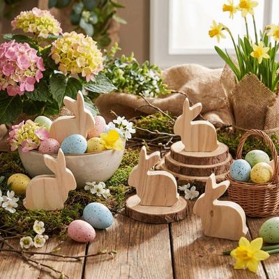 6Pcs Standing Easter Rabbit Ornaments Unfinished Realistic Wooden Bunny Decorative Handmade Handicraft Small Rabbit Statues