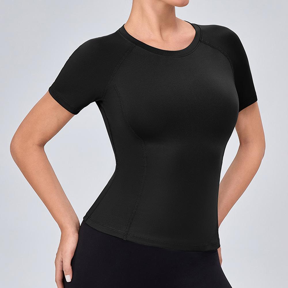 Women Slim Fit Yoga Short Sleeve T-shirt High Elastic Quick Dry Round Neck Top Breathable Slimming Gym Sports Running Shirt