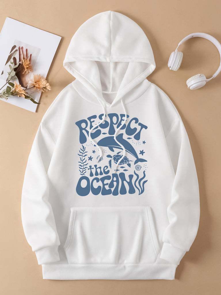 Respect The Ocean Shark Turtle Print Women Hoodie Pocket Hip Hop Hoody Multicolor Casual Pullovers Autumn Fleece Streetwear