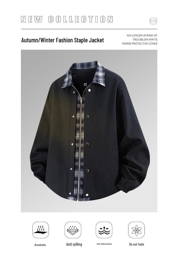 Men's Plaid Patchwork Two-Piece Look Jacket, Spring/Autumn 2026, Plus Size Loose Lapel Outerwear