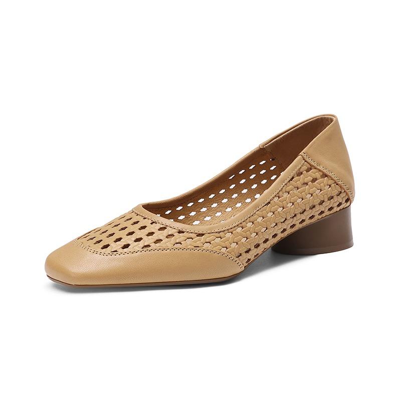 Fashion Design Temperament Hollow High Heel Shoes Women's Summer Leather Square Head Shallow Mouth Shoes Women Zapatos Mujer