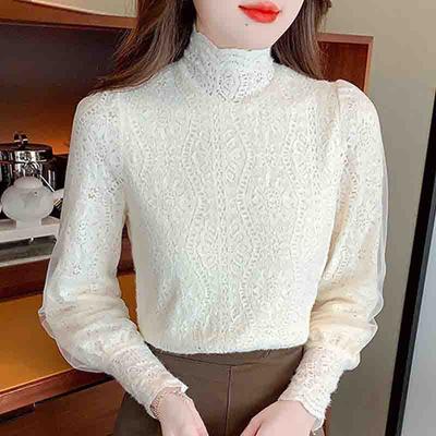 Mode Neue 2024 Winter Langarm Halb Hohe Kragen Apricot Samt Spitze Bluse Shirt Frauen Tops Blusen Shirts J773
