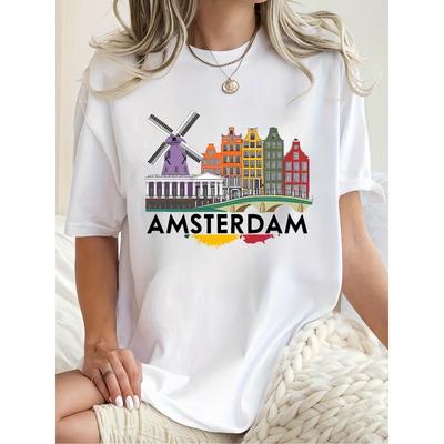 T-Shirt Amsterdam Windmill & Architettura Olandese Taglia Europea - Top Casual Girocollo Manica Corta con Motivo Olandese, Adatto a Tutte le Stagioni, Abbigliamento Casual