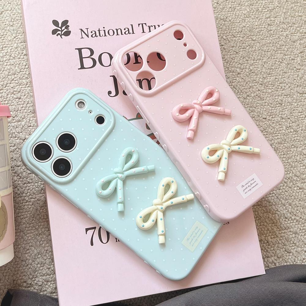 Three-dimensional Polka Dot Bow Mobile Phone Case for iPhone17Pro Apple 16 Anti-drop Heart-shaped TPU Protective Case 13