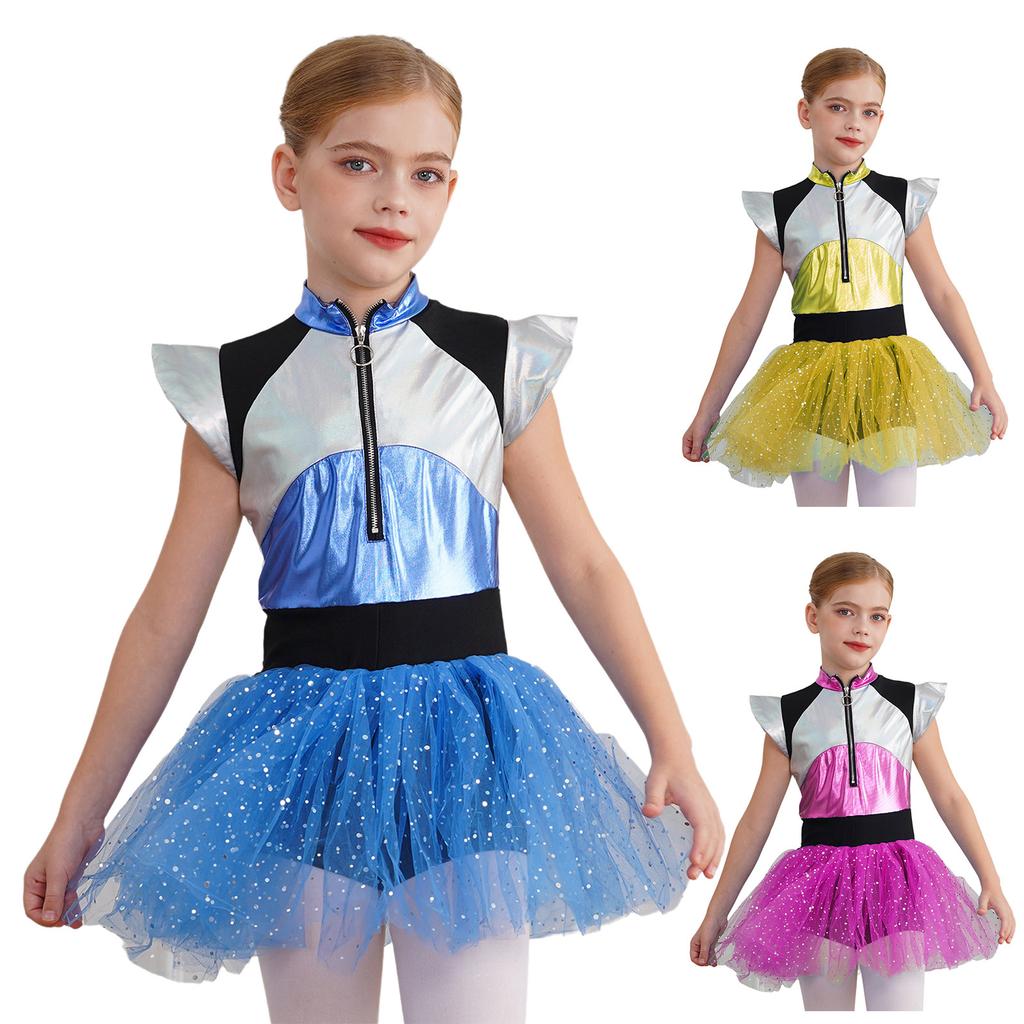 Girls Alien Theme Cheerleading Costume Color Block Patchwork Design Shiny Spangles Tutu Dress Bodysuit