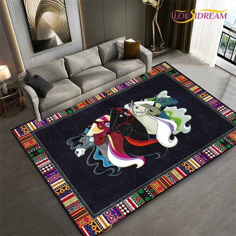 Fashion Ethnic Frame Carpet Horse Home Decor Rectangle Room Rug Black Green Orange Living Room Bedroom Bedside Floor Table Mat