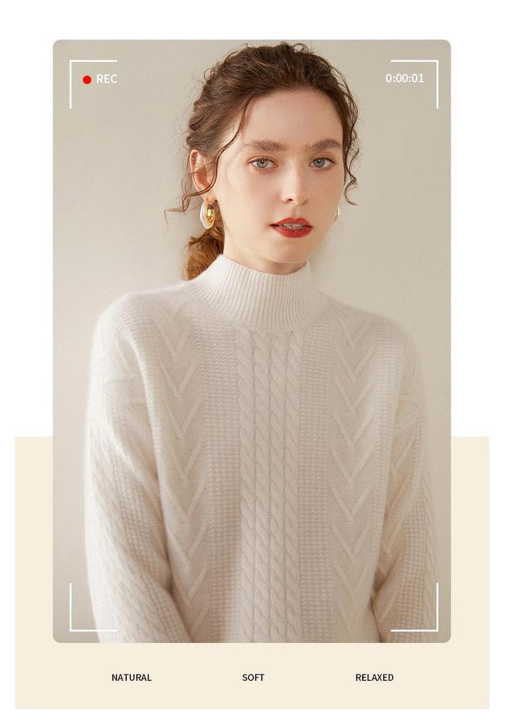 Women's Cashmere Cable Knit Sweater - Half-High Collar, Thick, Loose Fit, Solid Color, Perfect for Autumn/Winter