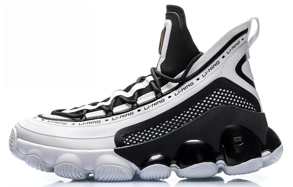 Li Ning Non slip Lightweight Mid top Vintage Basketball Shoes Men's Black White AGBP127-1