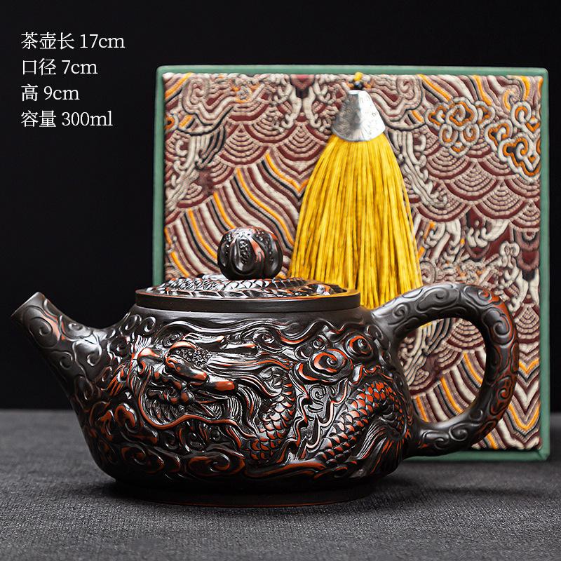 Purple pottery Shuanglong bead teapot handmade relief high-end kung fu tea set teapot teacup business high-end gifts