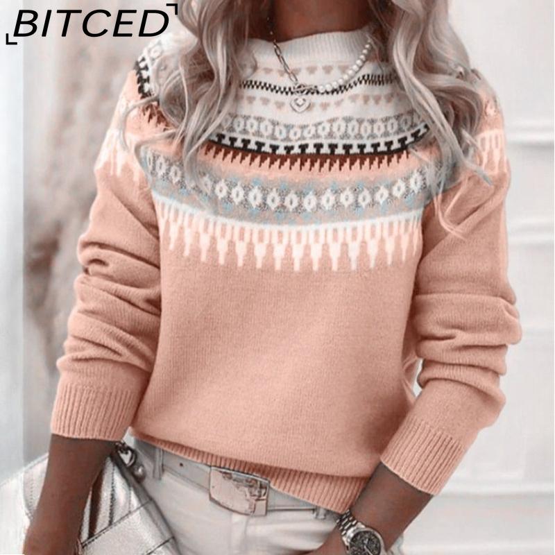 BITCED Women's Sweater - O-Neck Color-Blocked Oversized Fashion Pullover Knit