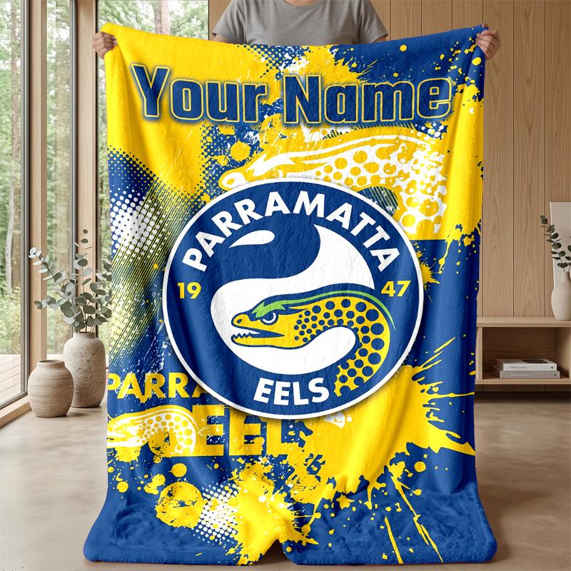 Parramatta Eels Custom Flannel Throw Blanket Print Your Name Text Soft Warm Blanket Holiday Present