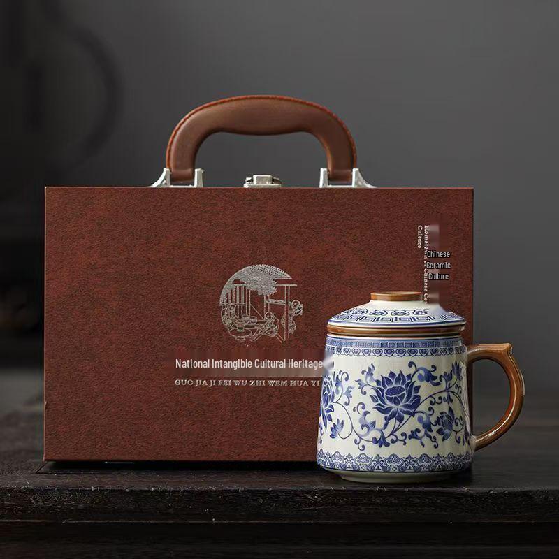 Blue and White Ceramic Office Mug with Tea and Water Separation, Large Capacity.