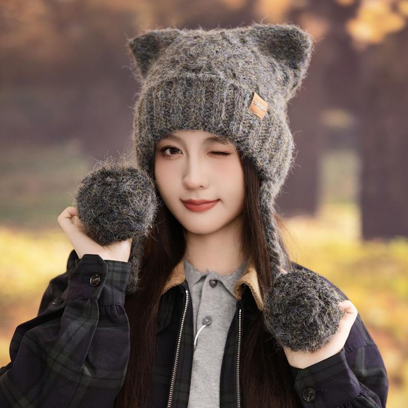 Sweet and Cute Cat Ear Knitted Head Hat Autumn and Winter Fashion Versatile Warm Wool Hat Outdoor Cold Proof Hat Women