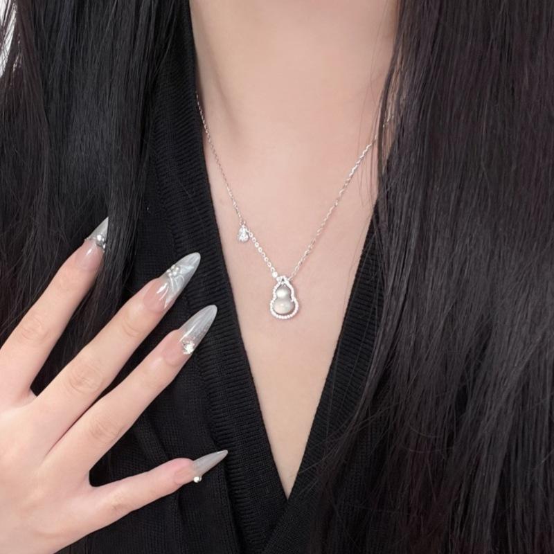 S925 Sterling Silver Gourd Agate Necklace Chinese Style Simple Elegant Women's Jewelry