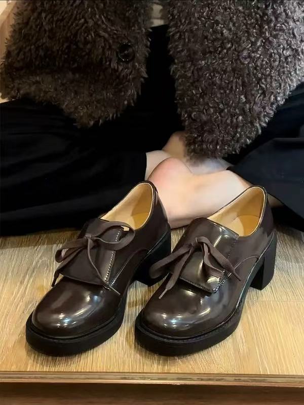 Cowhide version~ Ballet style bow high heel small leather shoes thick heel single shoes women's platform loafers British style women's shoes