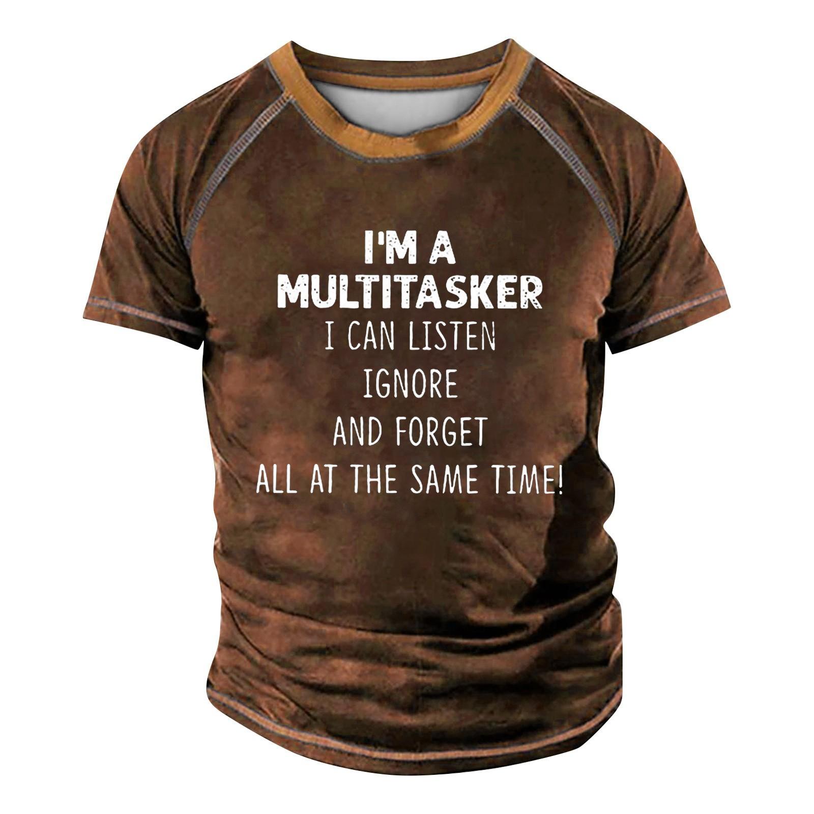 

Men s Raglan T-shirt Retro Short Sleeve Round Neck Letter Printing Tops M коричневый